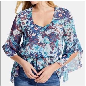 Guess Blue Jiya Ruffle Bell Sleeve Top Size M